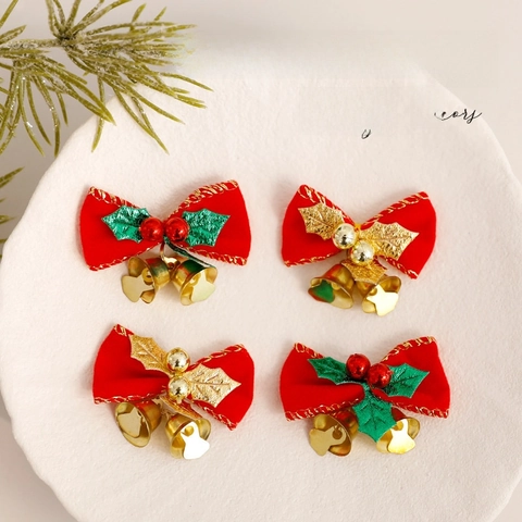 Christmas Bow Ornaments With Double Gold Bells Polyester Velvet Plaid Traditional Holiday Tree Decoration Party Decor