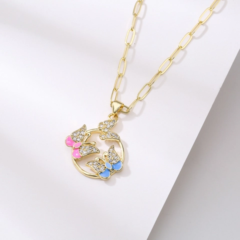 Butterfly Dragonfly Pendant Necklace Copper 18K Gold Plated Zircon Enamel Clavicle Chain Jewelry For Women