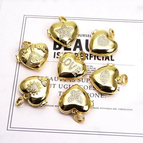 Heart Shaped Locket Pendant Gold Plated Copper Openable Photo Memorial Charm With Rhinestone Zirconia For Women