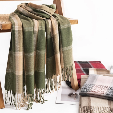 Women Plaid Scarf Imitation Cashmere Feel Warm Shawl With Tassels Preppy Style Autumn Winter Long Elegant Wrap Scarf