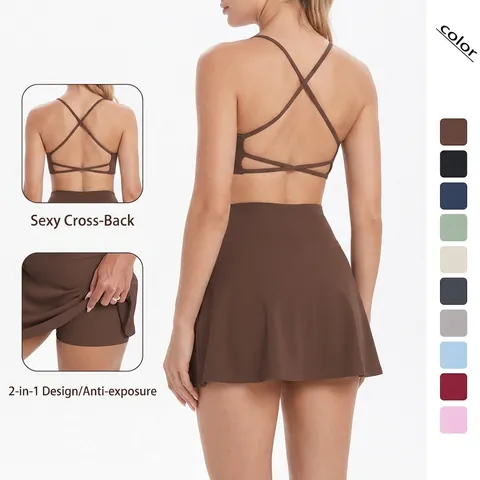 Women Yoga Fitness Bra And Tennis Skirt Nylon Spandex Cross Back Breathable High Waist Gym Workout