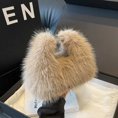 Damen Schultertasche Kunstpelz Weicher Plüsch Halbmond Umhängetasche Mit Lederriemen Winter Mode Accessoire