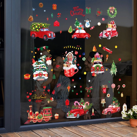 Christmas Window Clings PVC Static Reusable Stickers For Glass Door Holiday Home Decor Santa Red Truck Snowflake