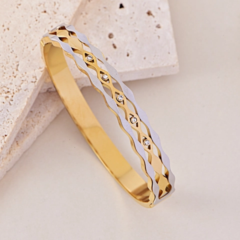 Brazalete De Acero Inoxidable Bicolor Oro Plata Calado Corazón Estrella Hoja Onda Diamante De Imitación Joyería De Moda