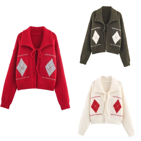 Cárdigan De Punto Argyle Vintage Para Mujer Cuello De Solapa Con Cordones Delanteros Manga Larga Poliéster Suéter Casual
