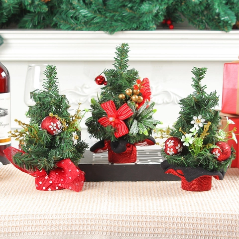 Mini Albero Di Natale Ornamenti Da Scrivania Con Fiocchi Rossi Bacche PVC Filo Di Ferro Base In Tessuto Decorazione Festiva