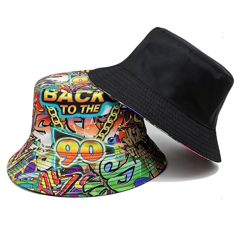 Retro Vissershoed Jaren 90 Graffiti Print Polyester Kleurrijk Streetwear Vintage Disco Party Zonnehoed Voor Heren Dames