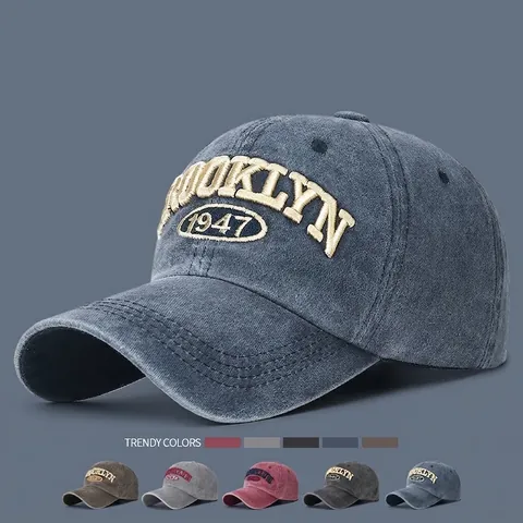 Cappello Da Baseball In Cotone Lavato Vintage Ricamo Brooklyn 1947 Morbido Regolabile Stile Retrò Casual