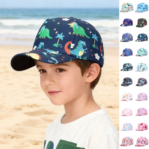 Kids Baseball Cap Polyester Adjustable Sun Protection Breathable Cartoon Dinosaur Car Shark Print For Toddler Boys Girls