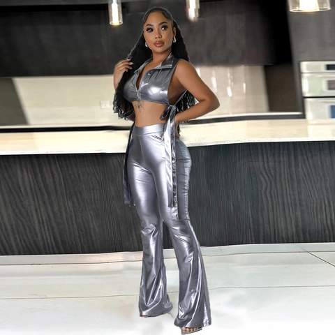 Damen Metallic PU Leder Ärmellose Reißverschluss Weste Und Schlaghose Mit Hoher Taille Slim Sexy Clubwear Streetwear Outfit