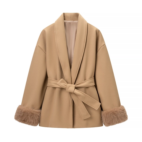 Women Woolen Jacket Coat With Faux Fur Cuffs Tie Waist Belt Lapel Elegant Solid Color Winter Outerwear For Ladies
