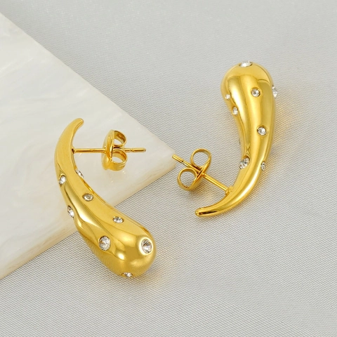 Curved Comma Hoop Earrings Stainless Steel 18K Gold Plated Rhinestone Inlaid Geometric Ins Style Fashion Jewelry For Women