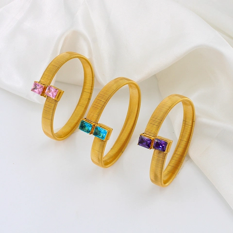 Fashion Stainless Steel Gold Plated Tubogas Open Bangle Bracelet For Women With Dual Rectangular Rhinestone Inlay Jewelry
