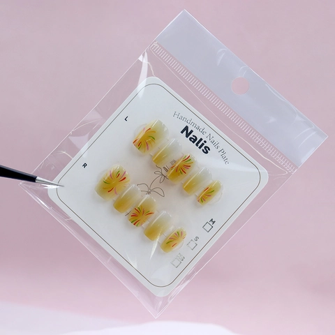 Uñas Postizas Press On Hechas A Mano Ojo De Gato Degradado Amarillo Patrón Fuegos Artificiales Cortas Cuadradas Redondas ABS