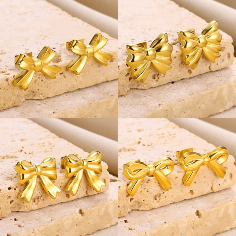 Bow Stud Earrings 18K Gold Plated Stainless Steel Minimalist Elegant Fashion Jewelry For Women