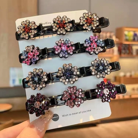Sparkling Crystal Flower Hair Clips Rhinestone Double Layer Braided Hair Styling Duckbill Clips Elegant Hair Accessories Women