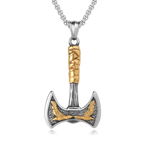 Collar Colgante Hacha Vikinga Acero Inoxidable Grabado Águila Oro Plata Retro Nórdico Punk Joyería Hombre