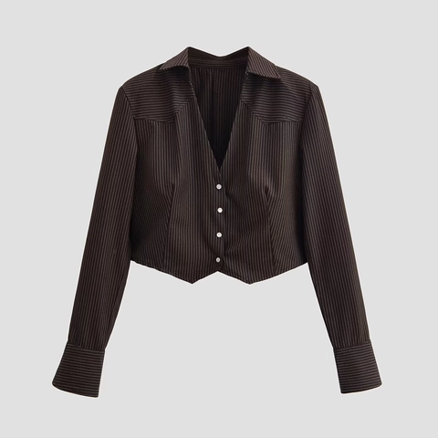 Gestreifte Kurzbluse Polyester V-Ausschnitt Einreihig Langarm Lässig Elegant Retro Socialite Damen Hemd