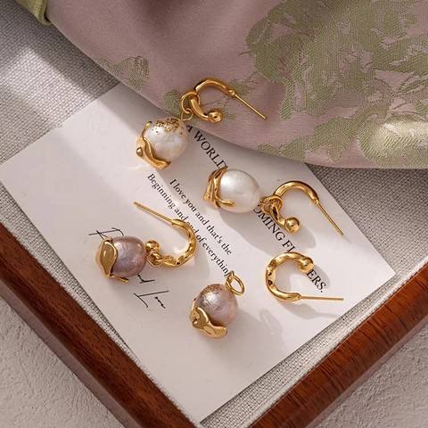 French Vintage Copper Natural Pearl Drop Earrings With 925 Sterling Silver Post Gold Foil Baroque Pearl Earrings For Women