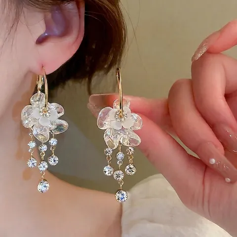 Transparente Blumen Quasten Ohrhänger Vergoldet Legierung Strass Schmuck Für Frauen Mit Silbernen Ohrsteckern