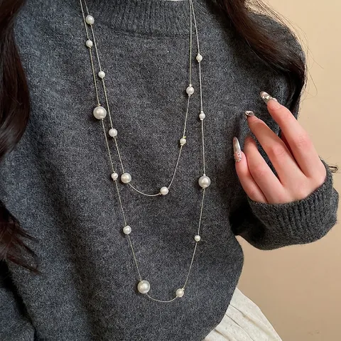 Elegant Double Layer Long Necklace Multi Size Imitation Artificial Pearls Gold Alloy Chain Retro Sweater Chain For Women