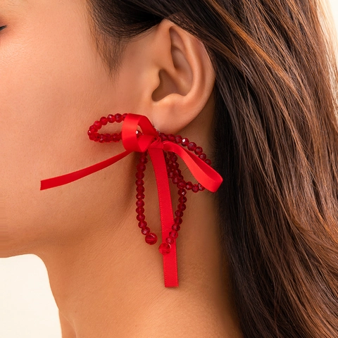 Pendientes Largos de Moda con Lazo de Satén para Mujer Perla Artificial y Borlas de Diamantes de Imitación Joyería Elegante Hecha a Mano