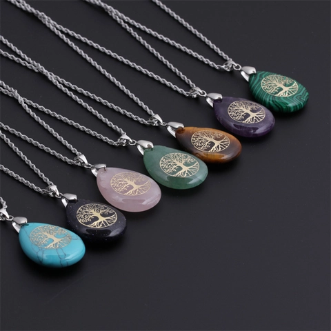 Collana con Ciondolo a Goccia d'Acqua Albero della Vita Fatta a Mano per Donna Lega Acciaio Inossidabile Catena a Spirale Gioielli