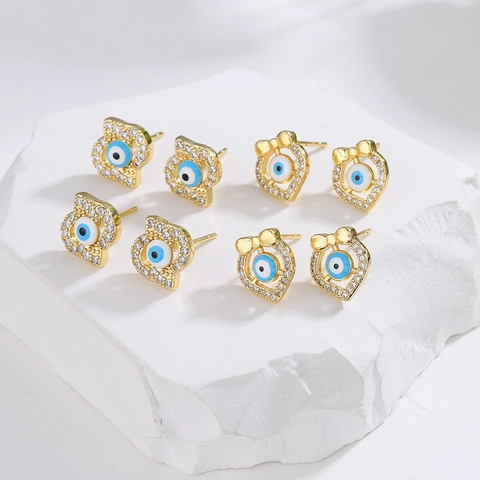 Evil Eye Stud Earrings 18K Gold Plated Copper Inlaid Zircon Enamel Geometric Heart Hamsa Hand Vintage Jewelry Women