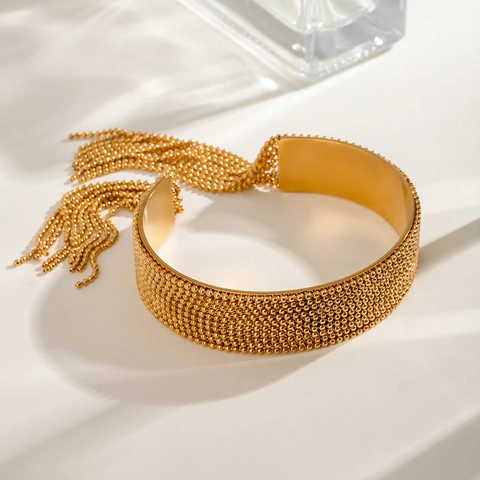 Edelstahl Quasten Armreif Gold Plattiert Offene Manschette Fransen Perlen Textur Eleganter Schmuck Für Damen