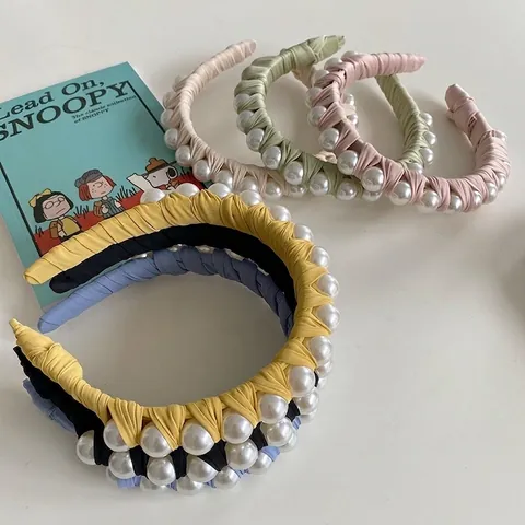 Diadema De Perlas Artificiales Para Mujer Tela Tejida Ancha Aro De Pelo Novia Boda Accesorio Para El Cabello Estilo Fresco