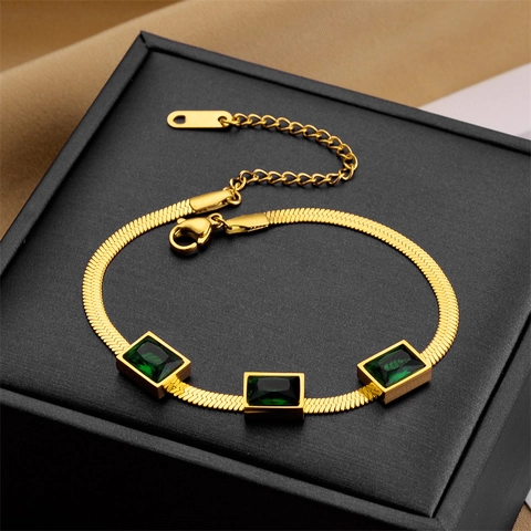 Vintage Titanium Steel Emerald Green Square Rhinestone Necklace Bracelet Jewelry Set For Women Gold Plated Snake Chain