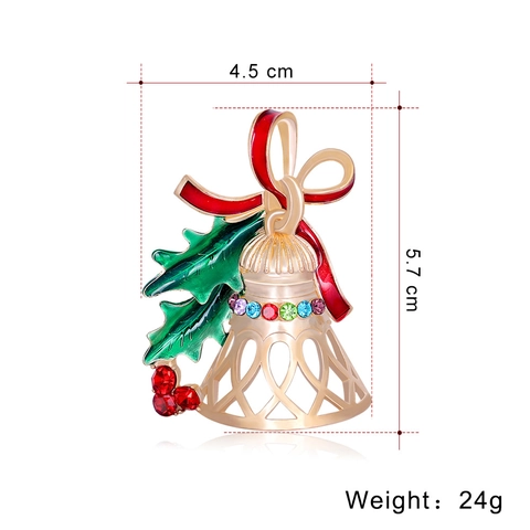 Spilla da Balia a Campana di Natale in Smalto per Donna in Lega Placcata Oro con Strass Fiocco Agrifoglio Gioielli di Moda per Feste