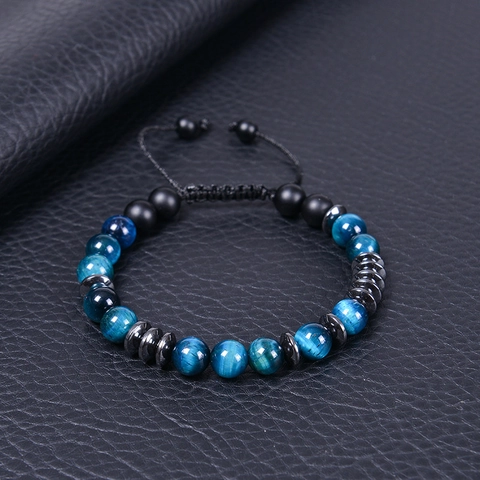Bracelet Code Morse Oeil De Tigre Bleu Pierre Noire Mate Hématite Tressé Ajustable Bijoux Hommes