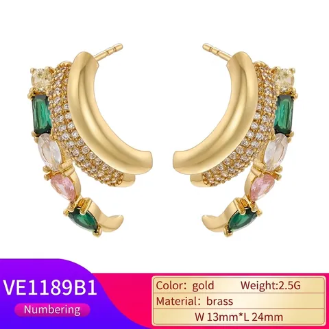 C Shape Multi Layer Stud Earrings Brass Inlaid Colored Zircon Geometric Ins Style For Women Elegant Accessories