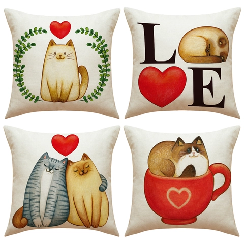 Cartoon Katze Kissenhülle Leinen Baumwolle Atmungsaktiv Sofa Zierkissenbezug Herz Liebe Muster Romantisches Geschenk