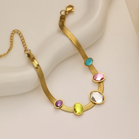 Edelstahl Armband 18K Vergoldet Bunte Zirkonia Schlangenkette Verstellbar Für Damen Eleganter Modeschmuck