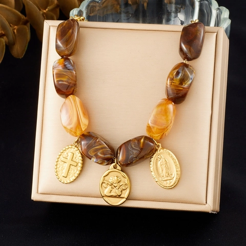 Retro Gold Plated Stainless Steel Necklace With Amber Marbled Resin Beads Cross Angel Virgin Mary Pendants For Women