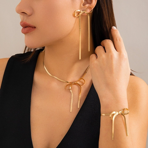 Bowknot Ribbon Snake Chain Alloy Earrings Necklace Bracelet Stainless Steel Earring Post Rhinestone Artificial Pearl Elegant Jewelry