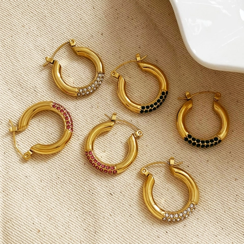 Stainless Steel Hoop Earrings With Colorful Rhinestone Inlaid C Shaped Elegant Luxury Jewelry Accessories For Women