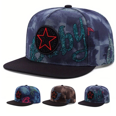 Chapeau Snapback Bord Plat Acrylique Mesh Broderie Étoile Patch Hip Hop Streetwear Pour Hommes Femmes