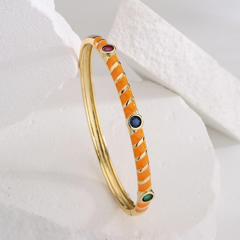 Bohemien Kupfer Vergoldeter Emaille Armreif Mit Bunten Zirkonia Edelsteinen Für Damen Gestreiftes Spiral Design