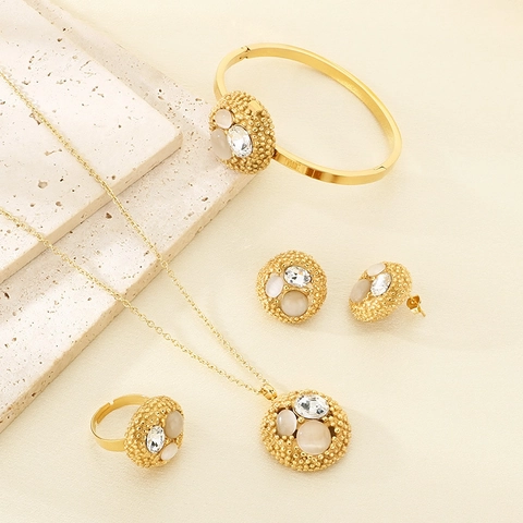 Stainless Steel Jewelry For Women Vintage Round Pendant Necklace Bracelet Ring Earrings With Colorful Zircon Gold Plated