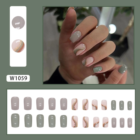 Press On Nails Morandi Grey Green Ripple Glitter Square Artificial False Fingernails For Women Elegant Manicure Art