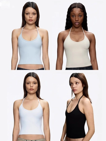 Halter Neck Tank Top Women Backless Slim Fit Nylon Spandex Solid Color Summer Cropped Camisole Fashion Streetwear