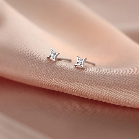 Small 925 Sterling Silver Stud Earrings For Women Four Pointed Star Zircon Geometric Minimalist Exquisite Accessory