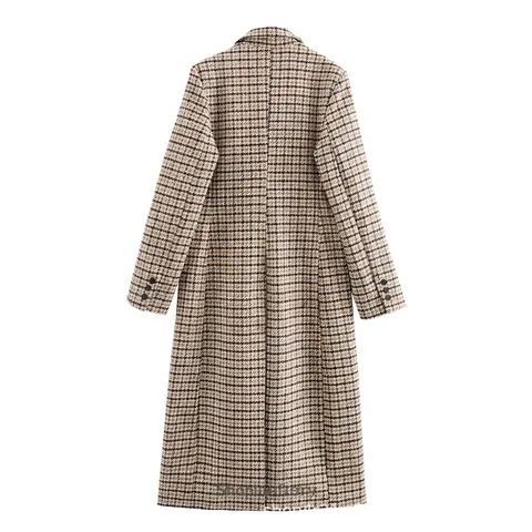 Lange Wollen Jas Met Houndstooth Voor Dames Reverskraag Dubbele Knoop Casual Winterjas Jack