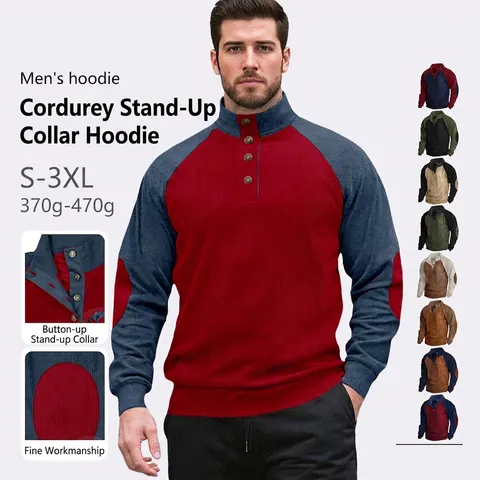 Herren Cord Henley Sweatshirt Kontrastfarbe Raglanärmel Patchwork Knopf Stehkragen Lässiges Langarmshirt