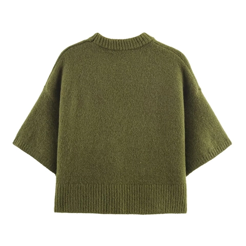 Pull En Maille À Manches Courtes Pour Femmes Col Rond Vert Olive Poche Jaune Contrastée Haut Décontracté Ample À La Mode