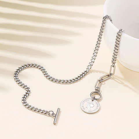 Stainless Steel Necklace And Bracelet With OT Toggle Clasp Coin Pendant Vintage Hip Hop For Women