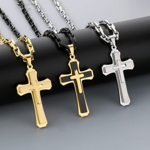 Dubbellaagse Kruis Hanger Ketting Roestvrij Staal Hip Hop Retro Sieraden Accessoire Voor Heren